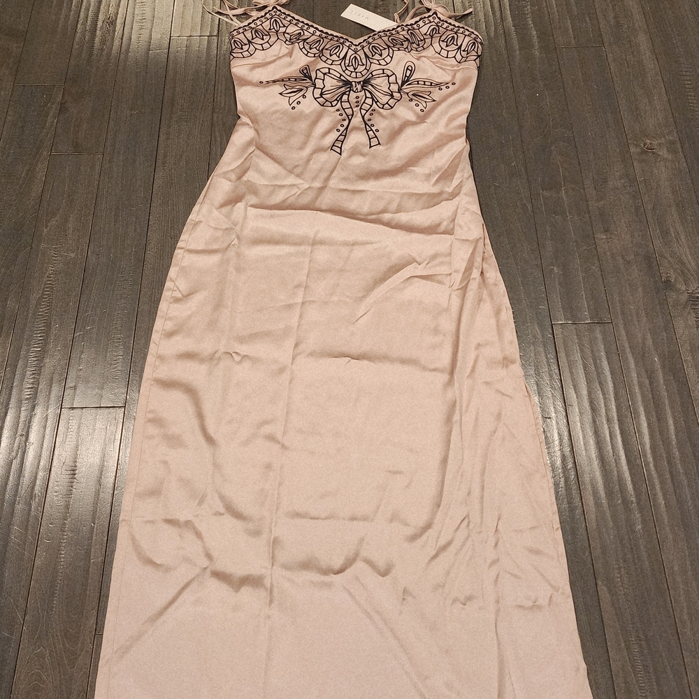 Sleeveless Blush Pink Satin Maxi Dress with Embroidered Bodice